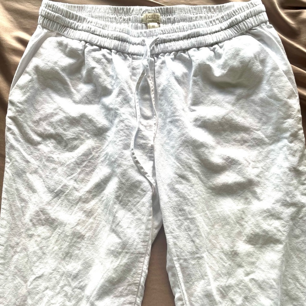 J. Crew White Drawstring Ankle Cropped Pants Linen/Cotton Blend with Cuffs Sz 10 - Picture 11 of 12